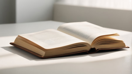 Open book on white table, closeup. Education and reading conceptの素材