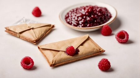 Raspberry jam in a bowl and crackers on a white backgroundの素材