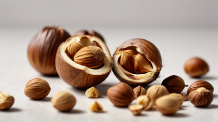 Hazelnuts on a white background. Close-up, selective focus.の素材