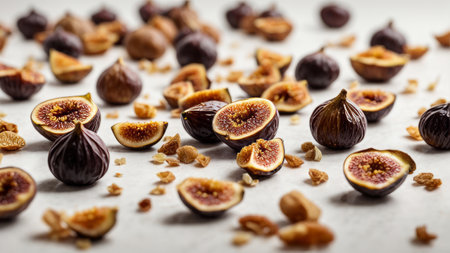 Whole and sliced figs on a white background. Selective focus.の素材