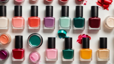 Colorful nail polishes on a white background. Top view.の素材