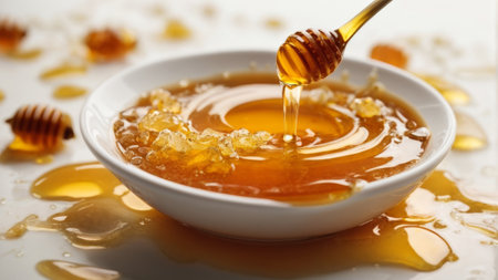 Honey dripping from a spoon into a bowl with honey dipperの素材