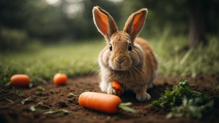 Rabbit and carrot in the field. Easter concept. Selective focus.の素材