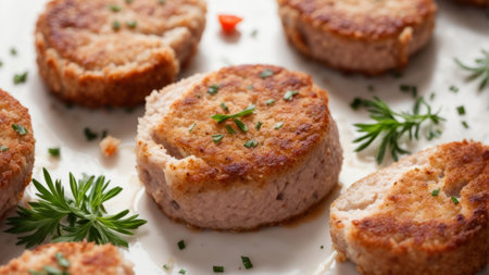 Cutlets with herbs on a white plate. Close-up.の素材
