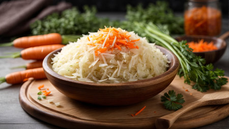 Sauerkraut with carrots in bowl on grey wooden tableの素材