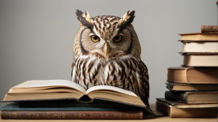 A young owl sitting on a stack of books and reading a bookの素材