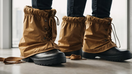 Close-up of man and woman legs in boots on the floorの素材