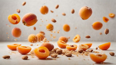 Falling apricots with seeds on a light gray background.の素材