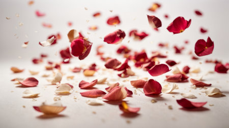 Red rose petals fall to the floor on a white background.の素材