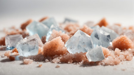 Cubes of various shapes and sizes of sea salt on a light backgroundの素材