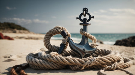 Anchor and rope on the beach. Selective focus.の素材