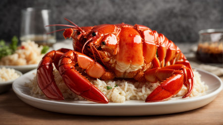 Delicious steamed lobster with rice on wooden table, closeupの素材