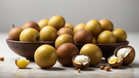 Kiwi fruit in wooden bowl on white marble table, selective focusの素材