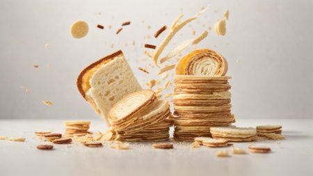 Crispy pancake falling into the air on a white backgroundの素材