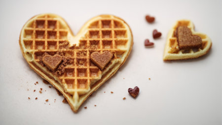 Heart shaped belgian waffles on white background with copy space.の素材