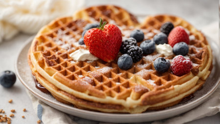 Belgian waffles with fresh berries and whipped cream, selective focusの素材
