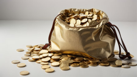 Coins spilling out of a golden purse on a white background.の素材