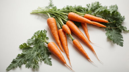 Bunch of fresh carrots with green leaves isolated on white background.の素材