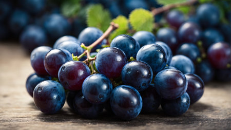 Grapes on wooden table. Black and red grapes. Bunch of grapes.の素材