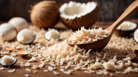Coconut flakes in a wooden spoon on a wooden background.の素材