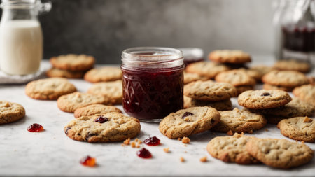 Homemade oatmeal cookies with cranberry jam on a white backgroundの素材