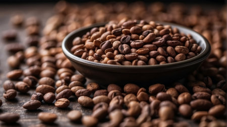 Coffee beans in a bowl on wooden table. Selective focus.の素材