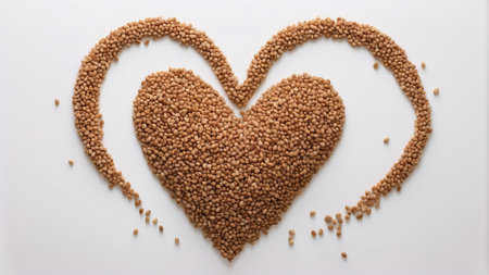 Heart made of buckwheat grains on white background, top viewの素材