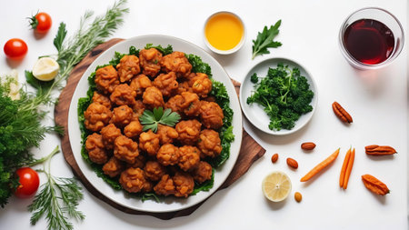 chicken nuggets with vegetables on a white background, top viewの素材