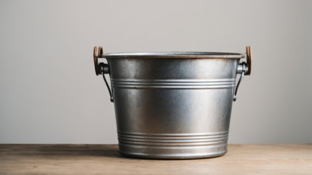 Metal bucket on wooden table with grey wall background, shallow depth of fieldの素材