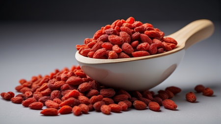 Red dried goji berries in a wooden spoon on a gray backgroundの素材