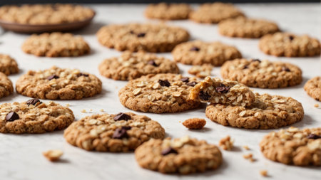 Homemade oatmeal cookies with raisins and chocolate on a white backgroundの素材
