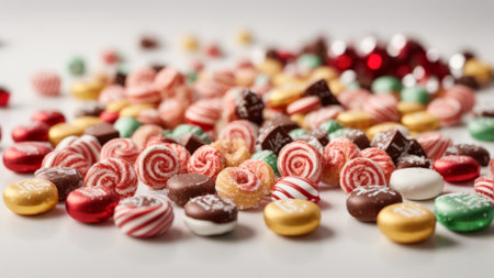 Assorted colorful candies on white background. Shallow dof.の素材