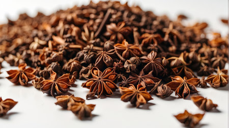 Star anise spice on a white acrylic background. Selective focus.の素材