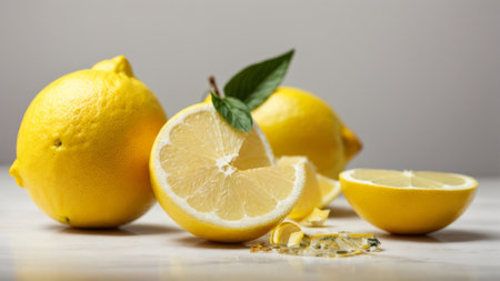Lemons and lemon slices on a white wooden table, close-upの素材