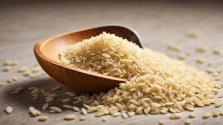 Brown rice in a wooden spoon on a wooden background. Selective focus.の素材