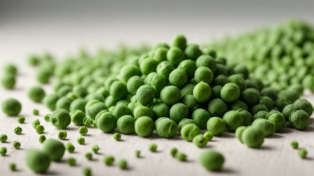 Pile of frozen green peas on a white wooden table. Selective focus.の素材