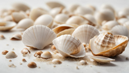 Seashells and sand on a white background, close upの素材