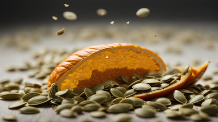 Pumpkin seeds and orange peel falling on table, closeupの素材