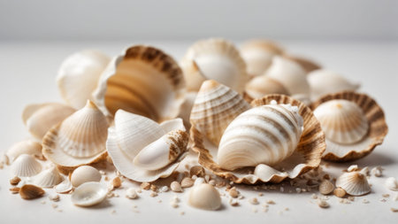 Seashells on white background, close-up, selective focusの素材