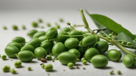 Fresh green pea pods with leaves on light background, closeupの素材
