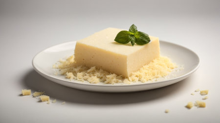 Piece of parmesan cheese with basil leaf on a white plateの素材