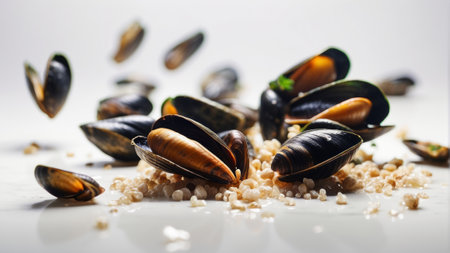 Fresh mussels and sea salt on a white background. Selective focus.の素材