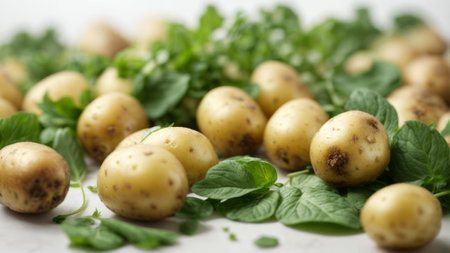 Young potatoes with fresh herbs on a white background, close-upの素材