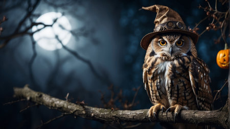 Beautiful owl in a hat sitting on a branch in the dark forest. Halloween.の素材