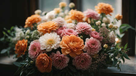 Bouquet of flowers in a vase on the windowsillの素材