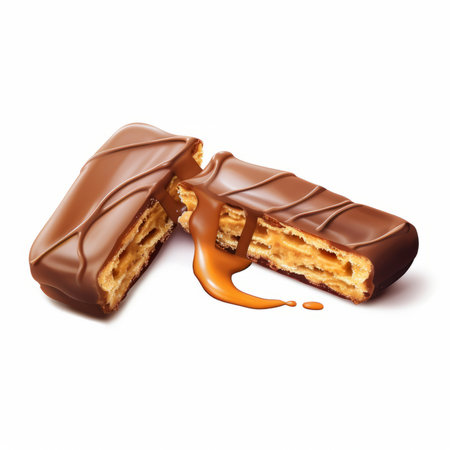 Chocolate waffles with caramel isolated on white background. Sweet dessert.の素材