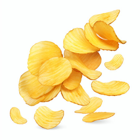 Potato chips isolated on white background. Close-up image.の素材