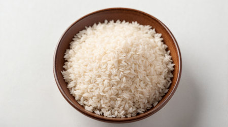 Rice in a bowl on a white background, top view.の素材