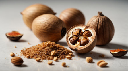 Dry and unrefined nutmeg seeds on a light backgroundの素材