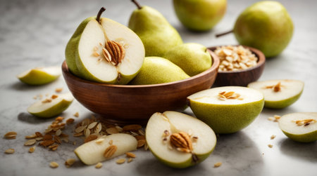 Ripe pears in a wooden bowl on a marble background.の素材